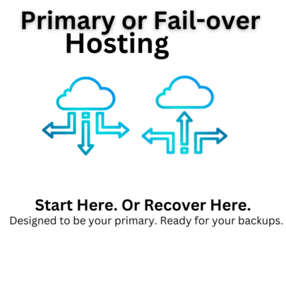 Graphic for "Primary or Fail-over Hosting" with two stylized cloud diagrams and directional arrows.