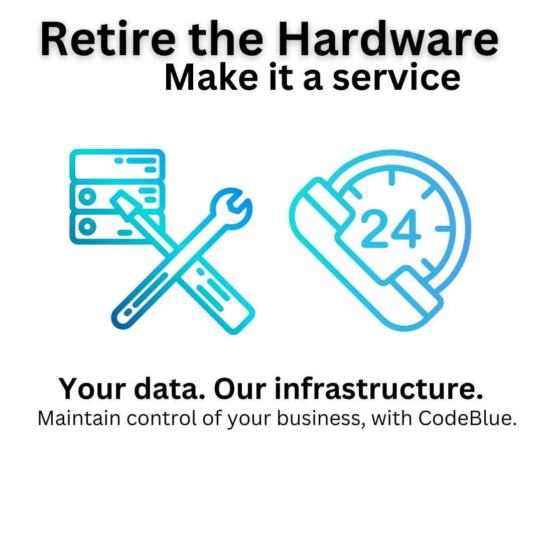 Ad for CodeBlue: "Retire the Hardware, Make it a service" with server, tool and 24/7 support icons.