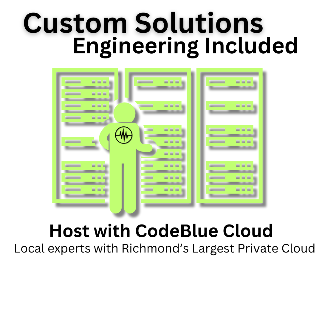 Graphic ad featuring text "Custom Solutions, Engineering Included" and "Host with CodeBlue Cloud" with a stylized figure and server racks.