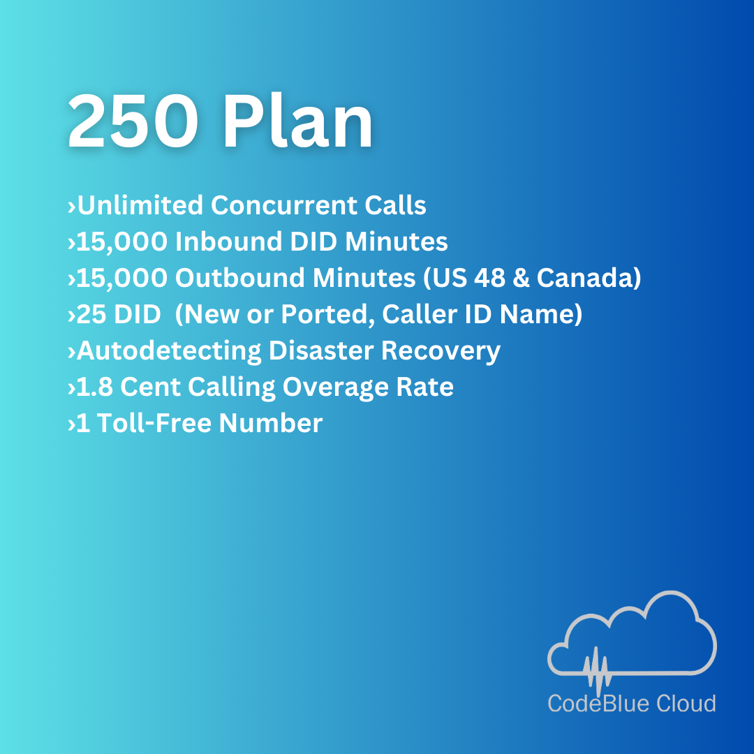 Graphic of "250 Plan" details including unlimited calls and other telecom features from CodeBlue Cloud.