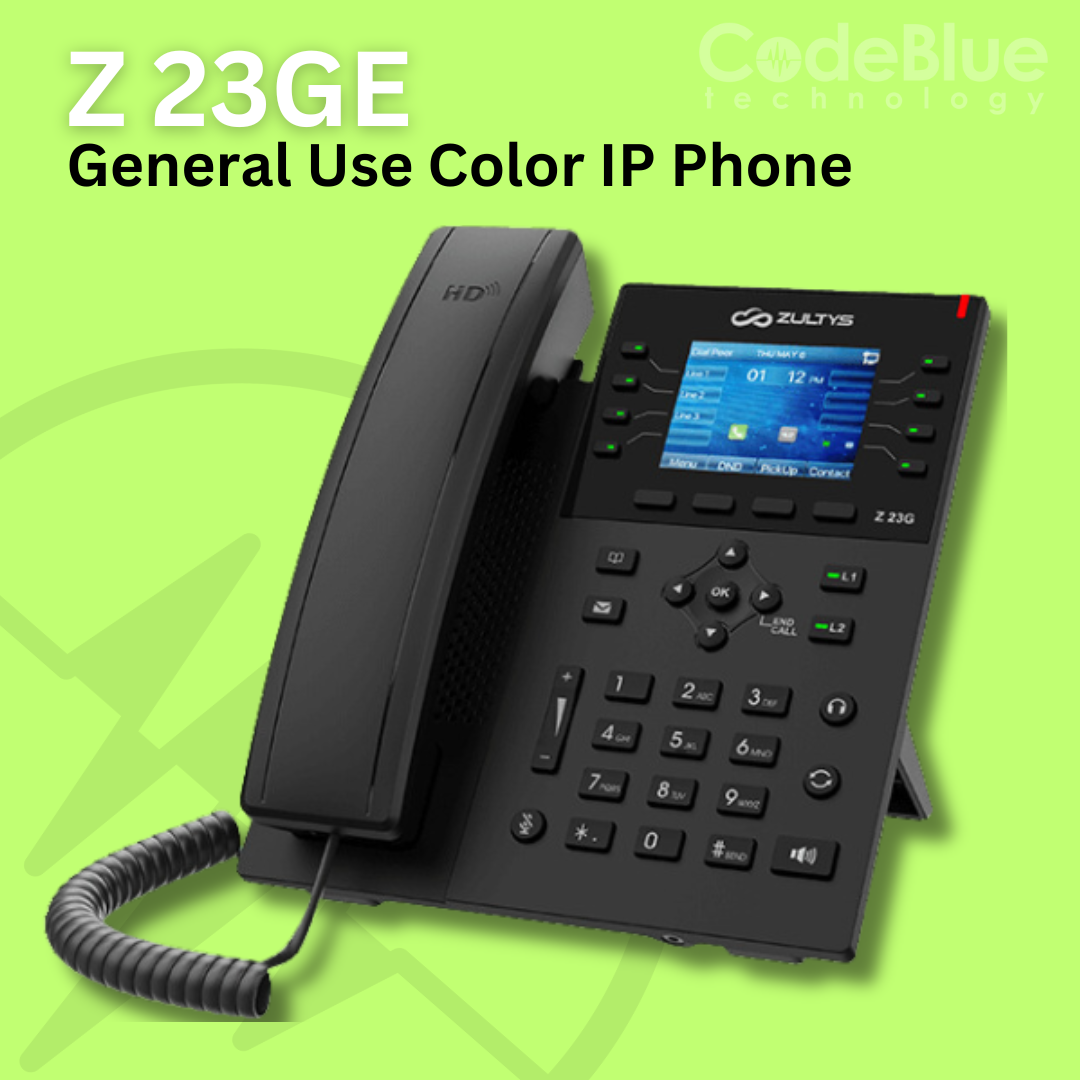 An IP phone with a color display and buttons, labeled "Z 23GE General Use Color IP Phone."