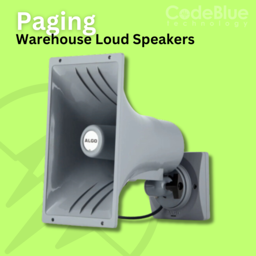 Gray warehouse loudspeaker with "ALGO" branding on a green background with text "Paging Warehouse Loud Speakers, CodeBlue Technology".