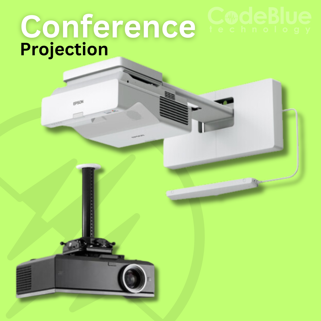 A graphic with "Conference Projection" text showcasing a mounted and a portable projector with "CodeBlue Technology" branding.