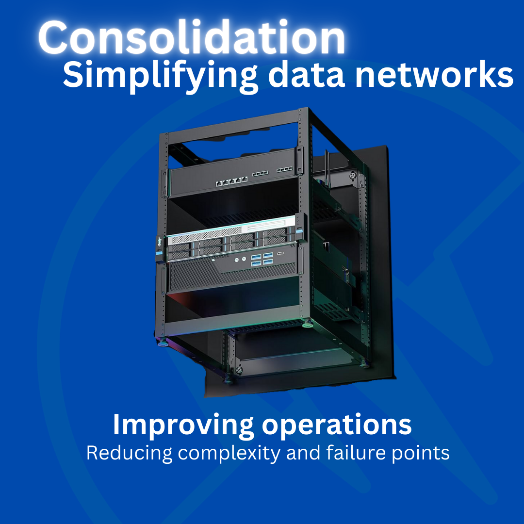 A network rack with text about consolidation and improving data network operations.