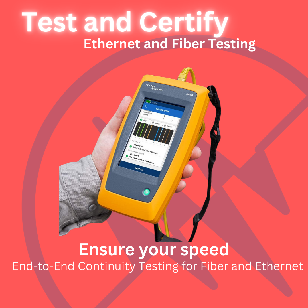 Hand holding a yellow network test device with text about Ethernet and Fiber testing.