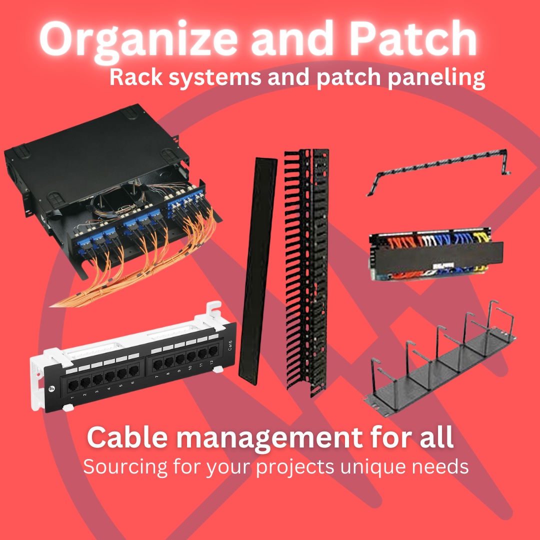 Graphic with network cable management tools, text "Organize and Patch" and "Cable management for all."