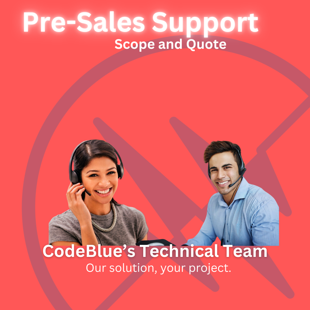 Two people with headsets against a red background with "Pre-Sales Support" and "CodeBlue’s Technical Team" text.