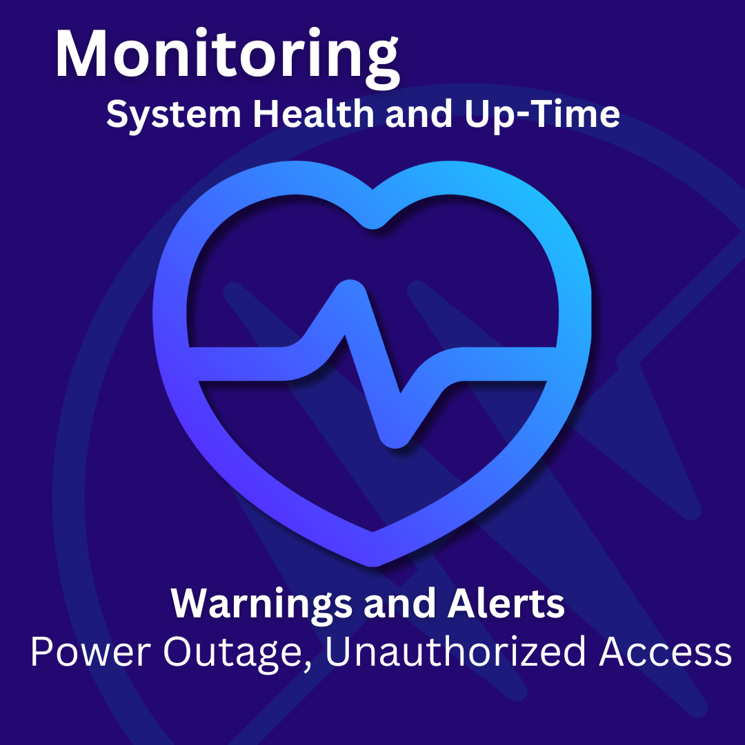 Graphic of a heart-shaped symbol and pulse line with text about monitoring system health and alerts.