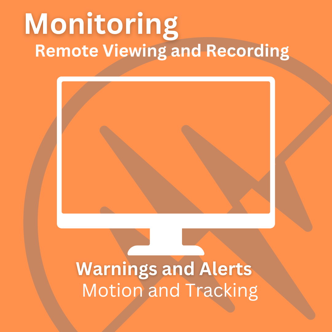 Graphic of a monitor with text about monitoring features like remote viewing, recording, and motion tracking.