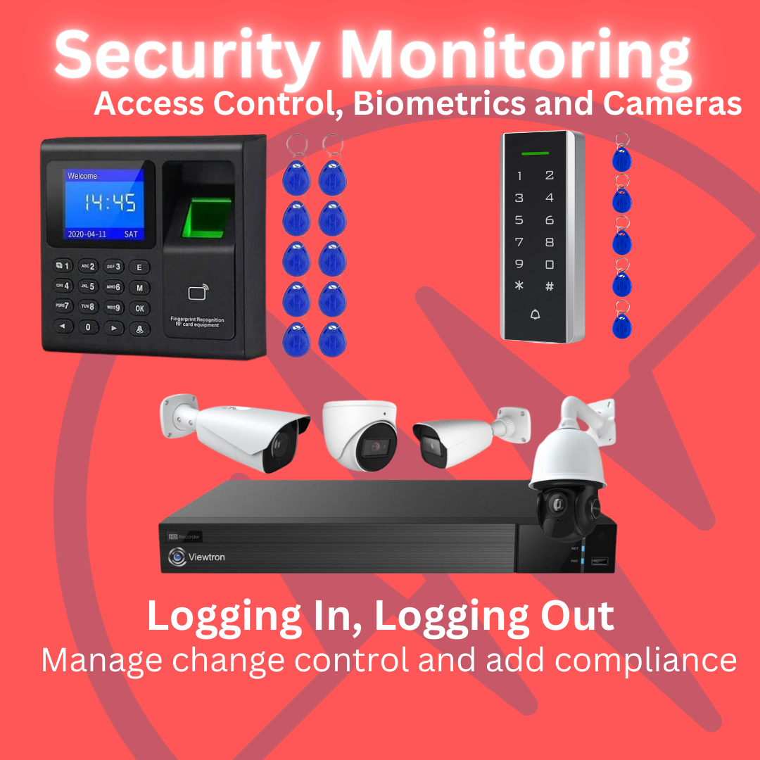 Image of various security devices, including cameras, a biometric reader, and key fobs.