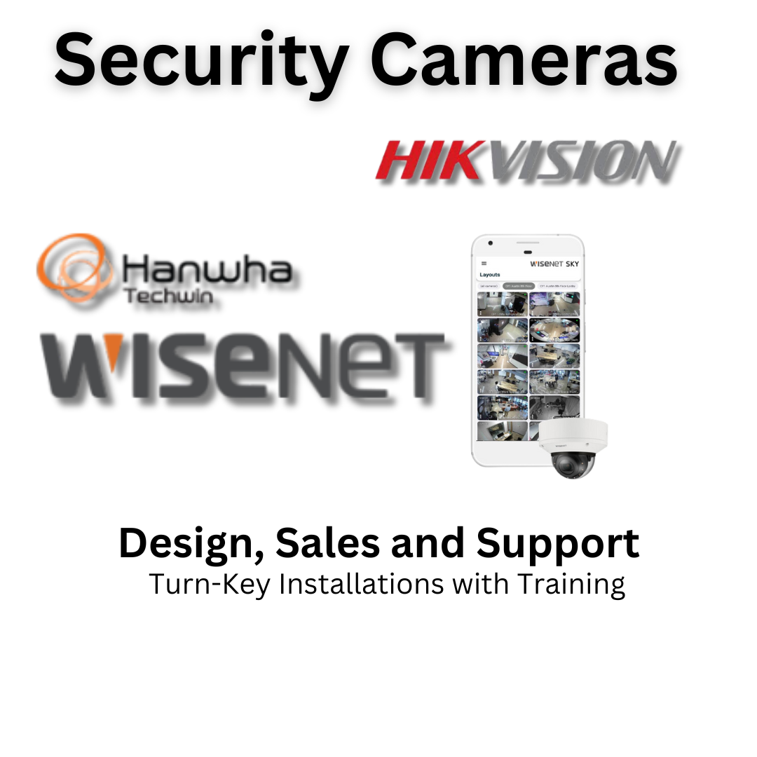 Ad for security cameras showing brands like Hikvision, Hanwha Techwin, Wisenet, and a phone app display with multiple camera views.