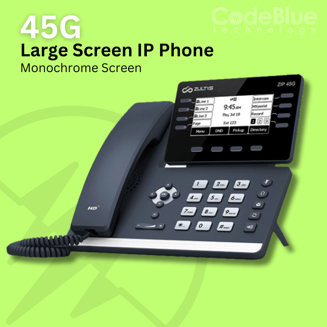 An office IP telephone with large monochrome screen and labeled buttons, displaying the "CodeBlue Technology" logo.