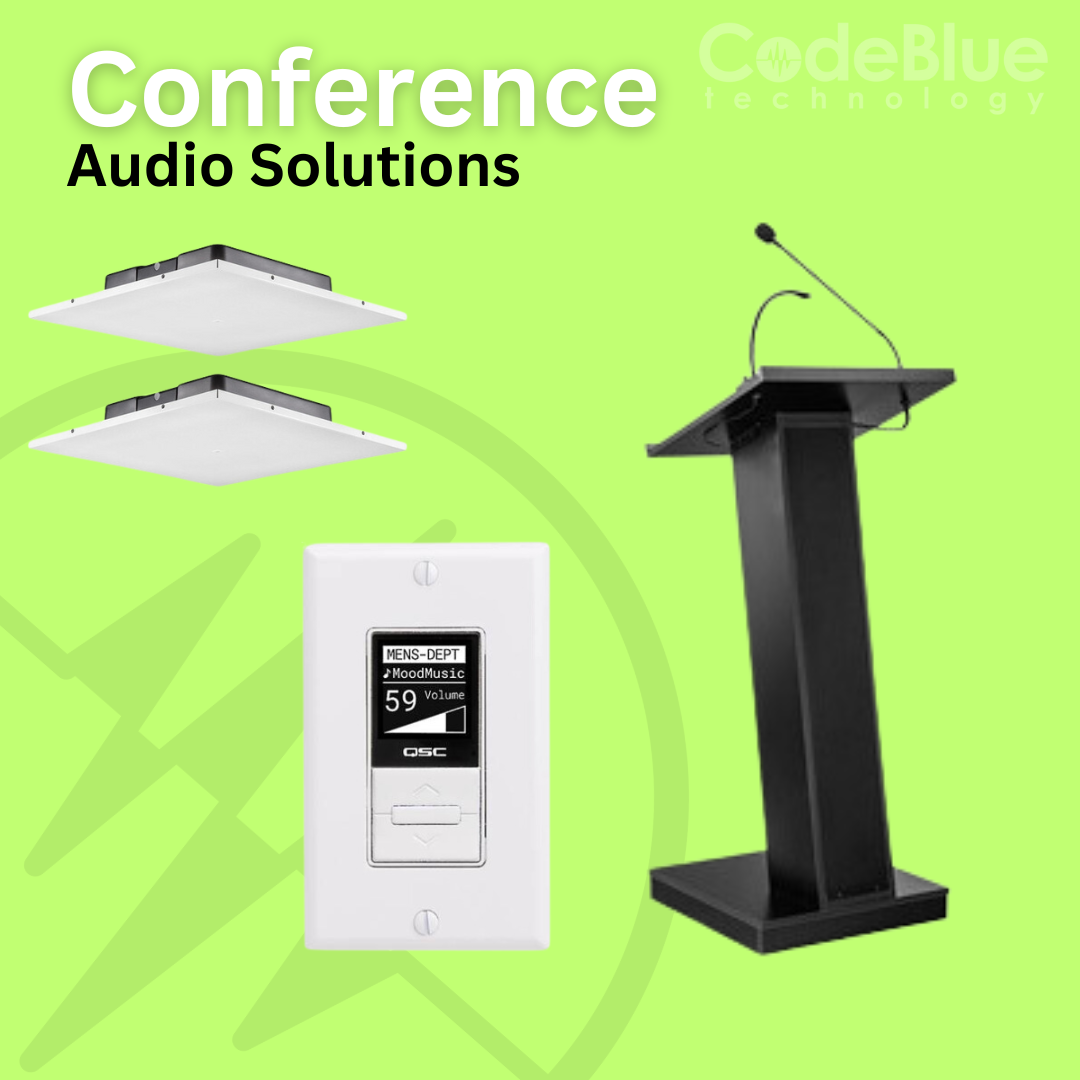 Ad for Conference Audio Solutions, featuring ceiling speakers, a volume control panel, and a lectern.