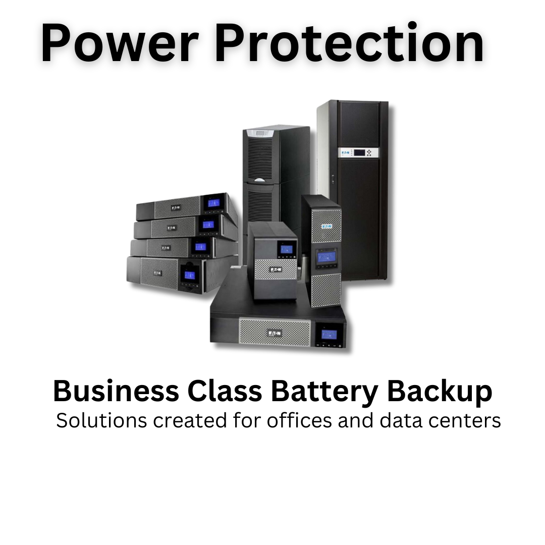 Array of uninterrupted power supplies (UPS) with "Power Protection" and "Business Class Battery Backup" text.