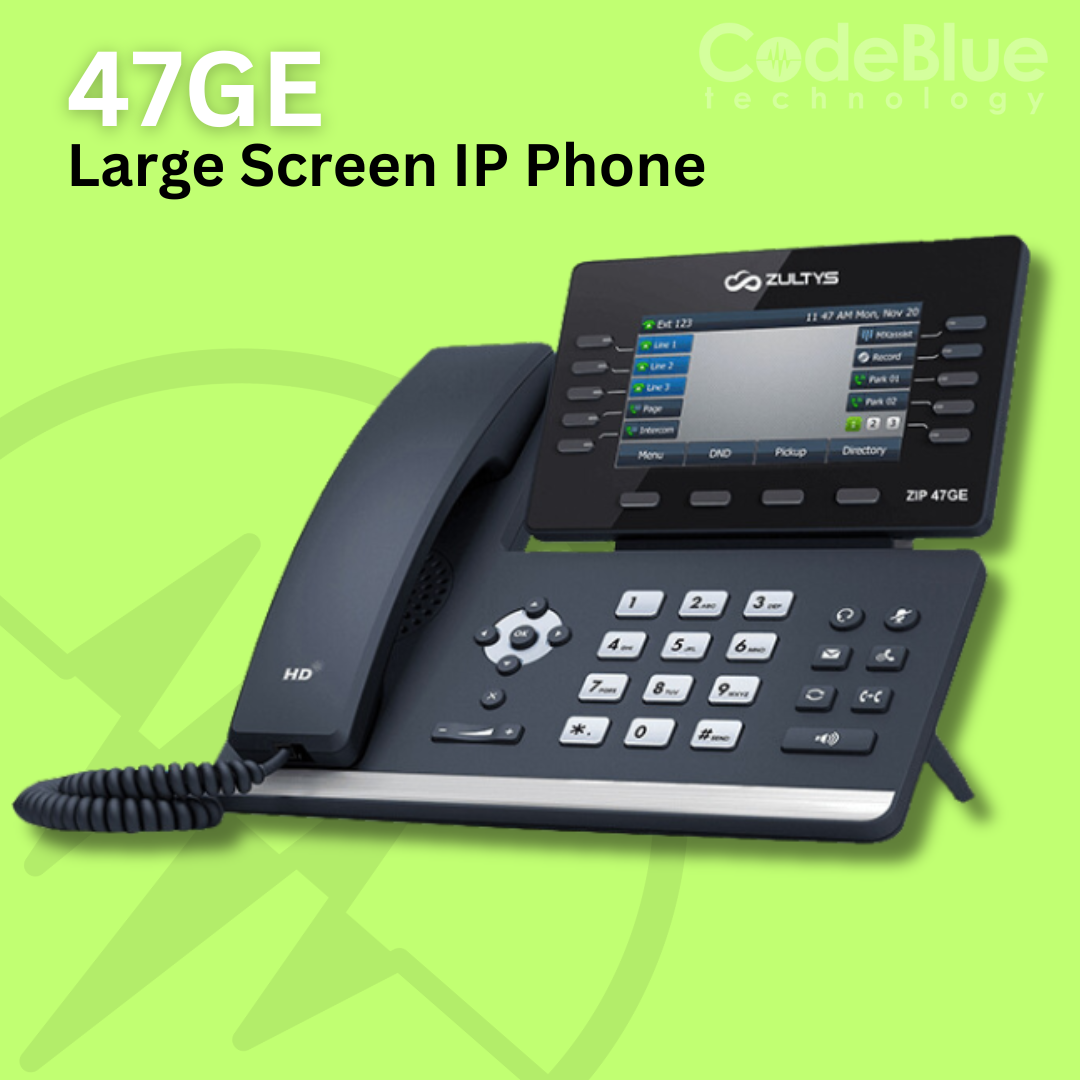 A modern black large screen IP phone with the label "47GE" on a green background.