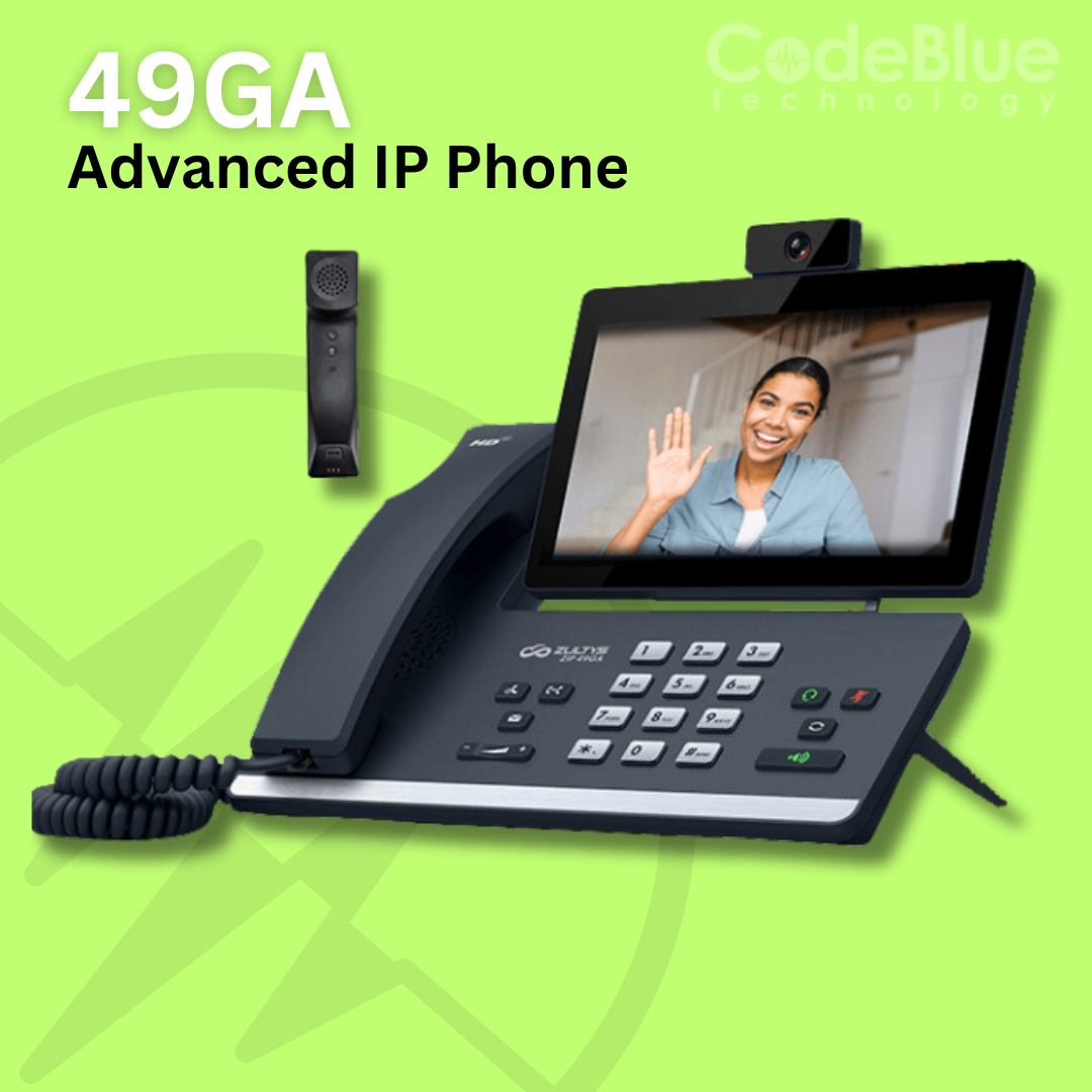 Ad for 49GA Advanced IP Phone with a camera and a handset on a green background.