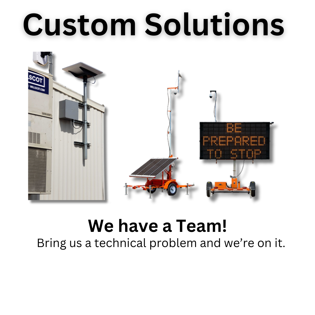 Advertisement with "Custom Solutions" and various industrial devices, text "We have a Team! Bring us a technical problem."