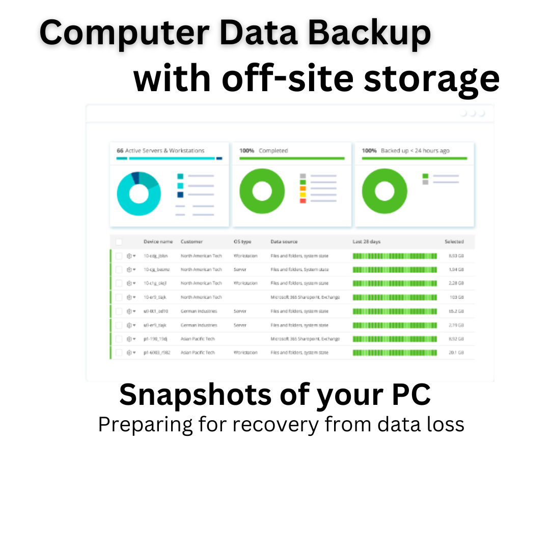 Graphic on computer data backup with status charts and server list, titled 'Snapshots of your PC.'