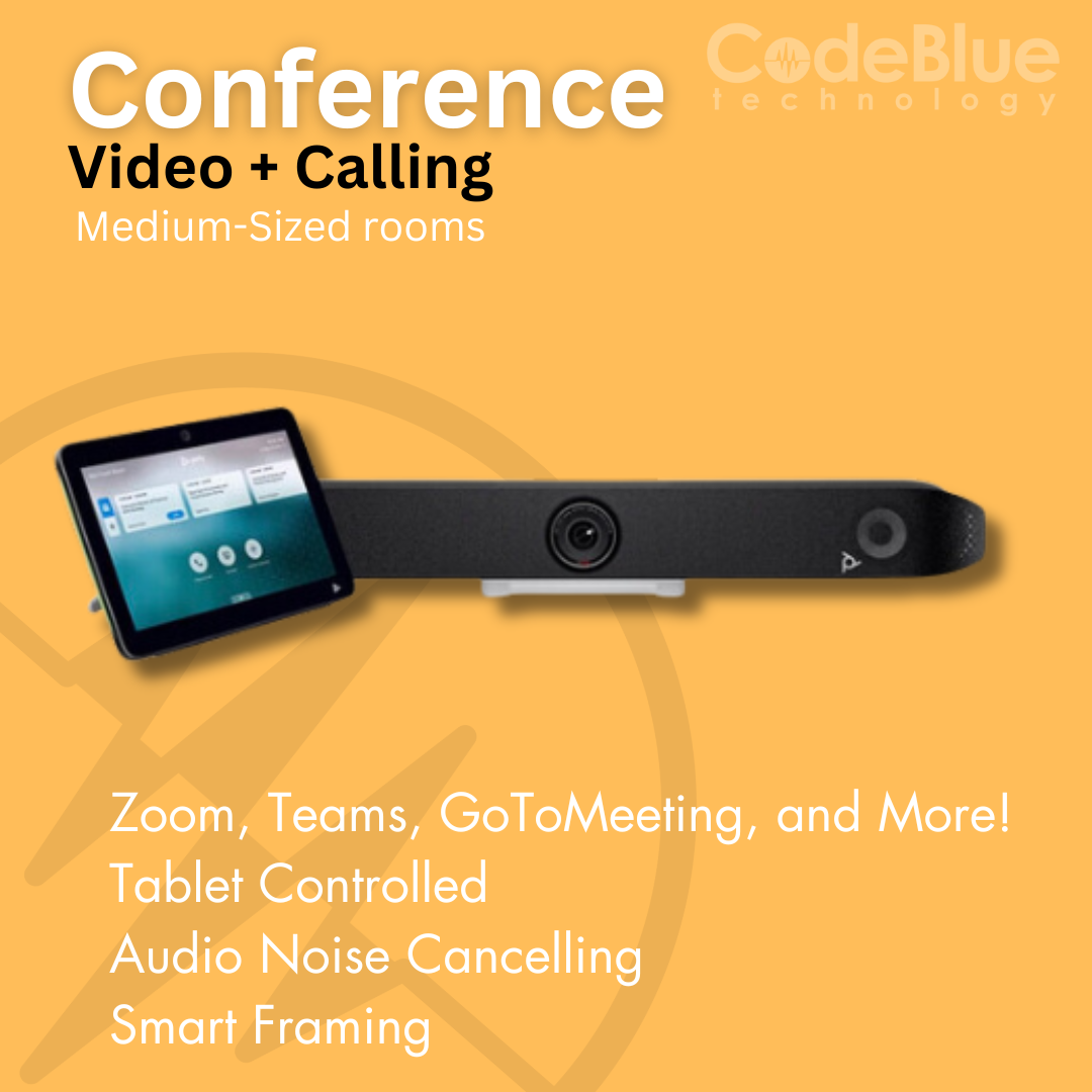 Ad for a small conference video call system compatible with Zoom, Teams, GoToMeeting, controlled via a tablet.