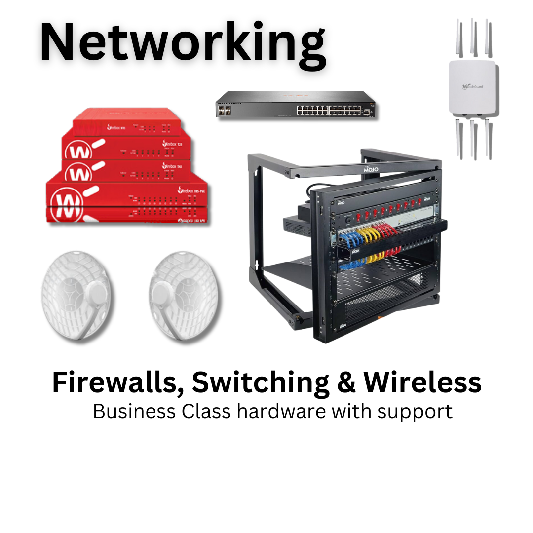 "Ad for networking equipment including firewalls, switches, wireless devices, and support services."