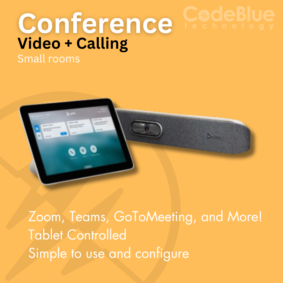 Ad for a small conference video call system compatible with Zoom, Teams, GoToMeeting, controlled via a tablet.