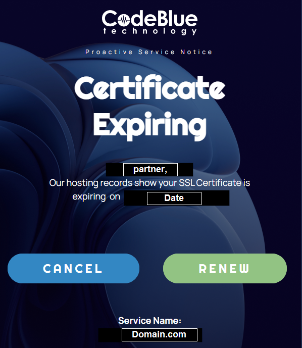 Notification from CodeBlue Technology about an expiring SSL Certificate with options to cancel or renew.