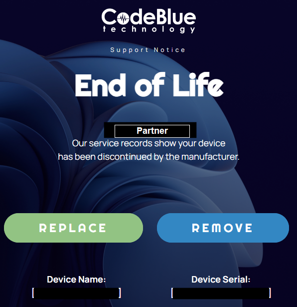 Support notice for a discontinued device with options to replace or remove, from CodeBlue Technology.