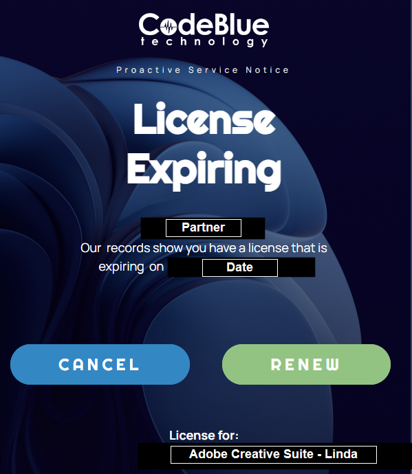 Software license expiration notice with options to cancel or renew, on a dark blue abstract background.