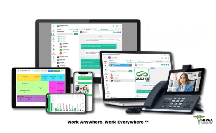 Array of devices displaying business communication software, with slogan "Work Anywhere. Work Everywhere."