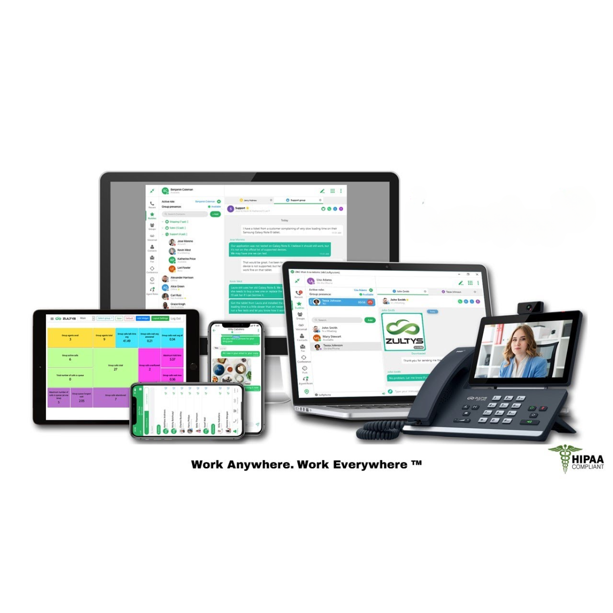 Array of devices displaying business communication software, with slogan "Work Anywhere. Work Everywhere."